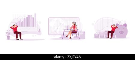 Aktienperformance im Unternehmen. Junge weibliche Investoren. Wachstum, Umsatz, Mittel, Geschäft. Trend Moderne Vektor-flache Illustration. Stock Vektor