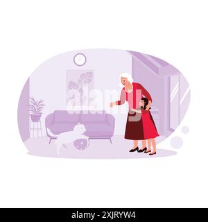 Glückliche Momente, in denen Enkel Großmutter umarmen, Zeit miteinander verbringen und mit Katzen im Wohnzimmer spielen. Trend Moderne Vektor-flache Illustra Stock Vektor