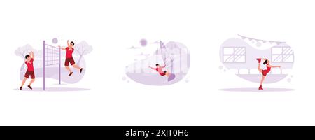 Professionelle Volleyballspieler. Junge Surfer in Aktion im Meer. Weibliche Ärzte sehen auf dem Eis umwerfend aus. Trend Moderne Vektor-flache Illustration. Stock Vektor