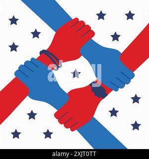 Illustration der US-Community. Rote und blaue vier Hände halten sich. Stock Vektor