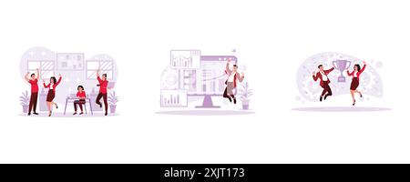 Die Gruppe junger Mitarbeiter trifft sich und feiert den Geschäftserfolg. Geschäftsleute verzeichnen erfolgreiche Gewinnsteigerungen, ein Diagramm auf der großen Stock Vektor