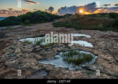 Die felsige Küste von Carvoeiro mit dem entfernten Leuchtturm von Alfanzina, Portugal Stockfoto