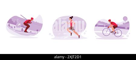 Skisportler fahren schnell auf dem Schnee. Läuferinnen treten schnell. Ein männlicher Radfahrer fuhr mit hoher Geschwindigkeit. Trend Moderne Vektor-flache Illustration. Stock Vektor