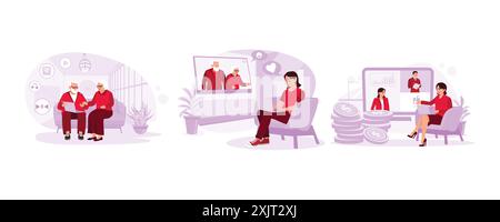 Das alte Paar verbringt Zeit miteinander, während es lustige Videos ansieht. Ein Mädchen sitzt und macht einen Videoanruf mit ihren Großeltern. Geschäftsfrau benutzt einen internen Stock Vektor