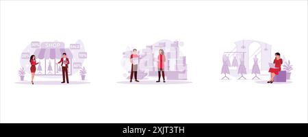 Weibliche Kunden kaufen in Bekleidungsgeschäften ein, unterstützt von männlichen Verkäufern. Der Leiter des Lagers erfasst die Kartons mit Waren, die im Lager beschäftigt sind Stock Vektor