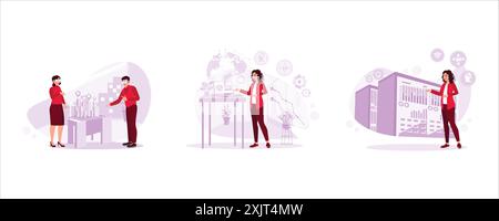 Zwei Architekten arbeiten mit 3D-Modellen mit Spezialbrillen. Junge Frau, die mit futuristischen Netzwerken und Planeten-Hologrammen arbeitet. Weibliche Ingenieurin AA Stock Vektor