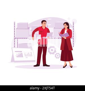 Zwei Lagerarbeiter inspizieren die Kartons und dokumentieren und transportieren die Kartons, die versandfertig sind. Trend Moderne Vektor-flache Illustration. Stock Vektor