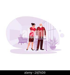 Porträt einer jungen Krankenschwester, die einem alten männlichen Patienten hilft, mit einem Walker zu laufen. Trend Moderne Vektor-flache Illustration. Stock Vektor