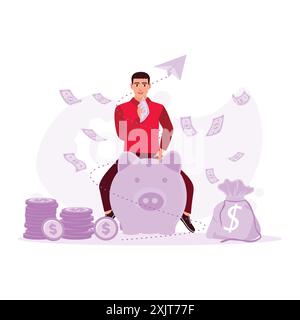 Der Mann, der auf einer Schweinebank sitzt, mit einem Stapel Münzen und Scheine in der Hand. Trend Moderne Vektor-flache Illustration. Stock Vektor