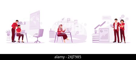 Ein junges Paar, das auf den Laptop-Bildschirm schaut. Muslimische Unternehmerinnen arbeiten beruflich. Junger männlicher Arbeitnehmer, der einem Kollegen eine Geschäftsidee erklärt. Stock Vektor