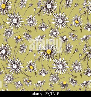Kamillenvektor-Illustration, nahtloses Muster. Gänseblümchen mit gelben Adern auf grünem Hintergrund. Design für Stoff, Tapete, Verpackung Stock Vektor