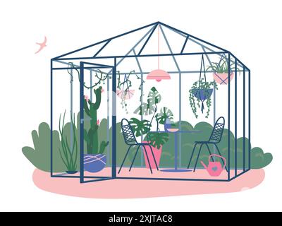 Gartenstühle und ein Tisch zum Entspannen in einem Glasgewächshaus. Glaskonstruktion für den Garten. Topfpflanzen, Klettern von Efeu und Blumen. Das Konzept o Stock Vektor