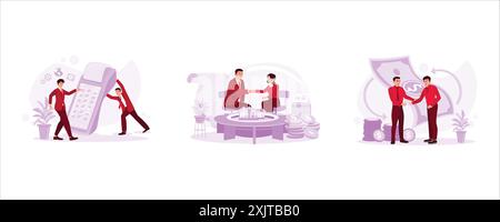 Verarbeiten Sie Zahlungen mit NFC-Technologie. Der Heimathändler und Kunde schütteln die Hände über den Kauf und Verkauf von Häusern. Zwei Männer haben es mit Geld zu tun. Trend Mod Stock Vektor