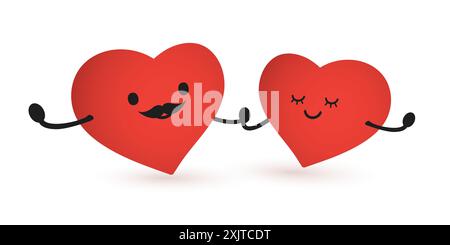 Niedliches Tanzendes herzförmiges Lieblingspaar - minimalistisches rotes Valentinsherz mit lächelnden Gesichtern und eins mit Schnurrbart - Mehrzweckdesign, Illustrati Stock Vektor