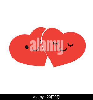 Niedliches umarmtes herzförmiges Lieblingspaar - minimalistische rote Valentinsherze mit lächelnden Gesichtern - Zweisamkeit, Bond-Konzept - Mehrzweck-Illustratio Stock Vektor