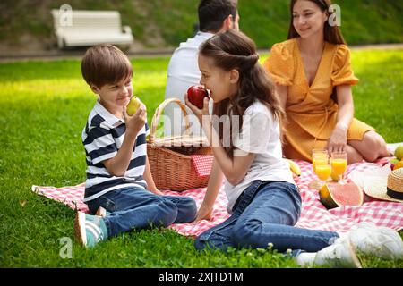 Nette Familie, die gemeinsam im Park picknickt Stockfoto