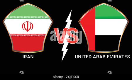 Iran gegen die Vereinigten Arabischen Emirate Fußballspiel mit schwarzem Hintergrund und gegen Flags Stock Vektor