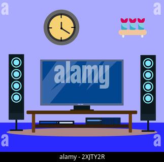 Apartment mit Couch vor dem Fernseher an der Wand, leeres Wohndesign mit Sitzsack Stuhl und Dekoration, Cartoon Vektor Illustration Stock Vektor