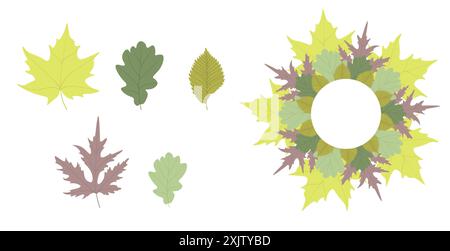 Satz herbstfarbene Blätter. Satz Blätter und Kranz. Herbstblattkranz. Set von Herbstblättern und Kranz auf weißem isoliertem Hintergrund Stockfoto