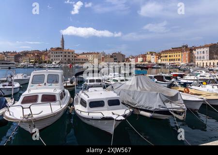 Der Hafen von Rovinj ist gefüllt mit Booten mit farbenfrohen Gebäuden am Wasser der Altstadt von Rovinj im Hintergrund, Kroatien, Europa Stockfoto