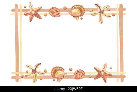 Rechteckiger Rahmen aus Muscheln, Sternen, rosa Perlen. Alle Objekte sind handbemalt mit Aquarellen. Aquarellabbildung. Geeignet zum Drucken Stockfoto