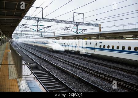 Shinkansen-Hochgeschwindigkeitszüge sind die schnellste und bequemste Art, Japan zu entdecken, mit einer Höchstgeschwindigkeit von 320 km/h (199 mph). Stockfoto