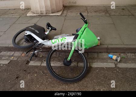 London, Großbritannien. Juli 2024. Ein Lime-Leihfahrrad, das von einem Mieter in der Mall in London auf einem Bürgersteig abgelassen wurde, stellt eine Stolpergefahr für Passanten dar, vor allem für alle, die unter Sehstörungen leiden. Kredit: Maureen McLean/Alamy Stockfoto