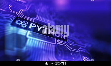 Python-Programmiersprache auf hoher Ebene. Anwendungs- und Webentwicklungskonzept auf virtuellem Bildschirm. Stockfoto