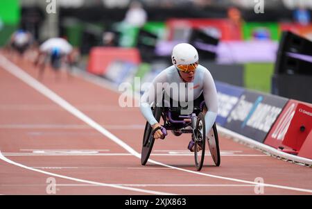 Hannah Cockroft, nachdem sie im 800 m langen Rollstuhl der Frauen während des London Athletics Meetings im London Stadium fünft wurde. Bilddatum: Samstag, 20. Juli 2024. Stockfoto