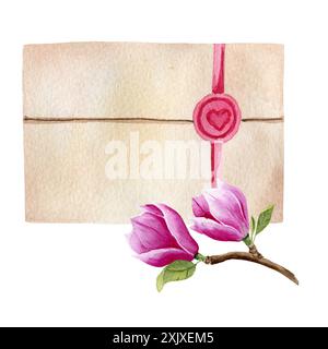 Vintage-Umschlag mit Magnolienzweig. Handgemalte Aquarellabbildung isoliert auf weißem Hintergrund. Für Design, Poster, Karten, Postkarten, Stick Stockfoto