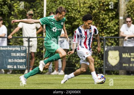 LOON OP ZAND - 20-07-2024. Sportpark De Klokkenberg. Eredivisie voetbal. Saison 2024-2025. Vorsaison, Willem II - Lommel SK (freundlich). Willem II. Spieler Emilio Kehrer, Lucas Schoofs Stockfoto