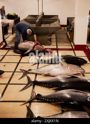 Eine vertikale Aufnahme eines Fischhändlers, der frischen Fisch auf einem Fischmarkt in Funchal, Madeira, Portugal reinigt Stockfoto