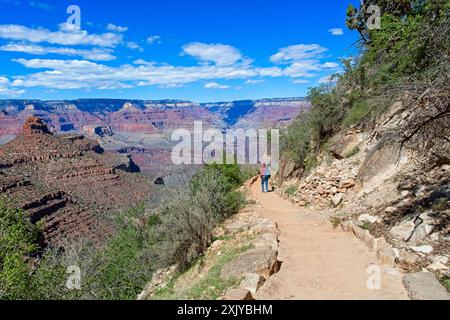 Farbenfrohe erodierte Felsformationen unterhalb des Rands belohnen die Wanderung auf dem Bright Angle Trail des Grand Canyon – April 2024 Stockfoto