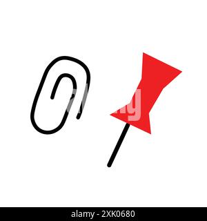 Schulartikel oder Büroartikel in flachem Stil mit Büroklammer und Drucknadel in Doodle-Farben Stock Vektor