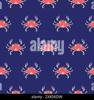 Nahtloses Krabbenmuster in Blau und Pink. Zeichentrickstil Ikonen Ozean Fisch Vektor geometrische Tiere wiederholen Muster Hintergrund für Stoff und Kleidung Design. Stock Vektor