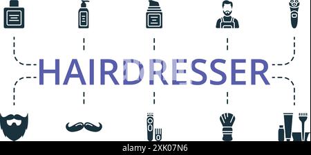 Symbolsatz für Friseur. Einfarbige, einfache Kollektion von Friseursymbolen. Rasierschaum, Wachs, Haargel, Haareisen, Schürze, Bart, Schnurrbart, Trimmer, Rasieren Stock Vektor