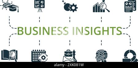 Symbolgruppe „Business Insights“. Monochrom Simple Business Insights Icon Kollektion. Maschinelles Lernen, Datenvisualisierung, Risikomanagement, Benchmarking Stock Vektor