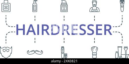 Symbol für dünne Linien des Friseurs. Einfarbige, einfache Kollektion von Friseursymbolen. Rasierschaum, Wachs, Haargel, Haareisen, Schürze, Bart, Schnurrbart Stock Vektor