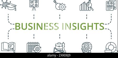 Dünne Symbolgruppe für Business Insights. Monochrom Simple Business Insights Icon Kollektion. Maschinelles Lernen, Datenvisualisierung, Risikomanagement Stock Vektor