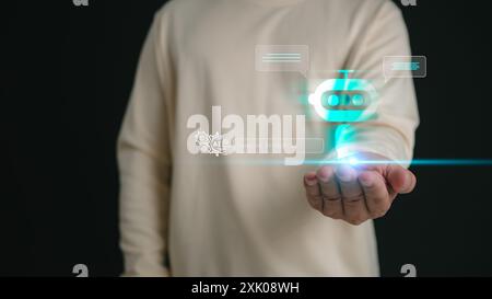 Mann, der Technologie nutzt intelligente Roboter-KI, Künstliche Intelligenz, Chatbot, Chat mit KI, futuristische Technologietransformation, künstliche Intelligenz von Stockfoto