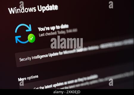 New York, USA – 19. Juli 2024: Microsoft Windows 11 aktualisiert die offizielle Website und zeigt Nahansicht des Bildschirms Stockfoto