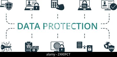 Symbolgruppe „Datenschutz“. Monochrom Simple Data Protection Symbolsammlung. Virenschutz, Online-Datenschutz, Zugriffskontrolle, Ssl, Verifizierung, Digitalschlüssel Stock Vektor