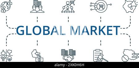 Symbolgruppe dünne Linien für den globalen Markt. Monochrom Simple Global Market Icons Kollektion. Händler, Ausländische Niederlassung, Harte Währung, Industriegüter Stock Vektor