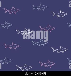 Nahtloses Haimuster in Lila und Pink. Linienart Ikonen Ozean Fisch Vektor Tiere wiederholen Muster Hintergrund für Stoff und Kleidung Design. Stock Vektor