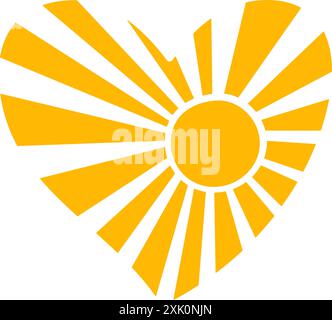 Gelbe Herzform mit Sonnenschein auf weißem Hintergrund, stilisiertes Grafikdesign. Handgezeichnet trendiger flacher Stil isoliert. Konzept von Liebe, Wärme und Positivität. Vektorabbildung Stock Vektor
