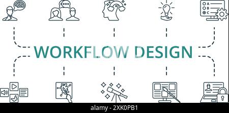 Workflow Design dünne Linien Symbolgruppe. Monochrom Simple Workflow Design Symbolsammlung. Denken, Dialog, Fantasie, Große Idee, Tests Stock Vektor