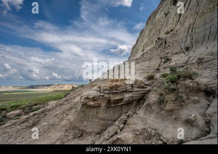 Die Sandklippen von Castle Butte in den Badlands des Bid Muddy Valley in der Nähe des Weilers Big Beaver, Saskatchewan, Kanada Stockfoto