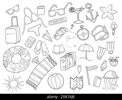 Handgezeichnetes Set von Reise Sommer Urlaub Elemente, Gepäck, Karte, Koffer, Seestern. Skizzenstil kritzeln. Reiseabbildung für Banner, Hintergrund, Stock Vektor