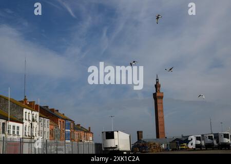 Der berühmte Grimsby Dock Tower, der hinter den verschlossenen und verschlossenen Gebäuden zu sehen ist. Diese historische Stadt im Nordosten von Lincolnshire hatte einst eine blühende Fischindustrie, aber da die Fischindustrie weitgehend verschwunden ist, leidet die Gegend nun unter Benachteiligung und Vernachlässigung. Da Großbritannien zu den Parlamentswahlen kommt, wird die Wahl in diesen Hochburgen der "roten Mauer" ein entscheidender Faktor für das Wahlergebnis sein. ©Justin Griffiths-Williams 00442085339882 00447850053473 Stockfoto