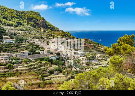 Blick auf Bayalbufar mit Terrassengärten in der Serra Tramuntana von Mallorca-7376 Stockfoto